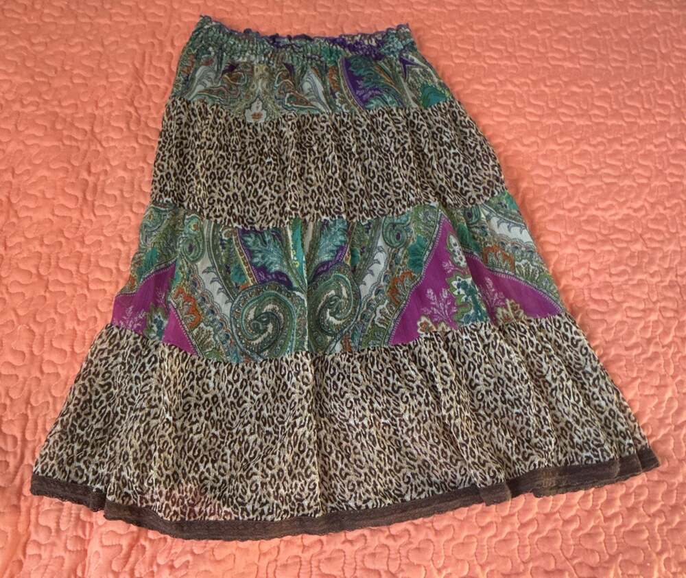 I.N. girl Boho Tiered Skirt Leopard Paisley Patchwork Maxi Skirt. large